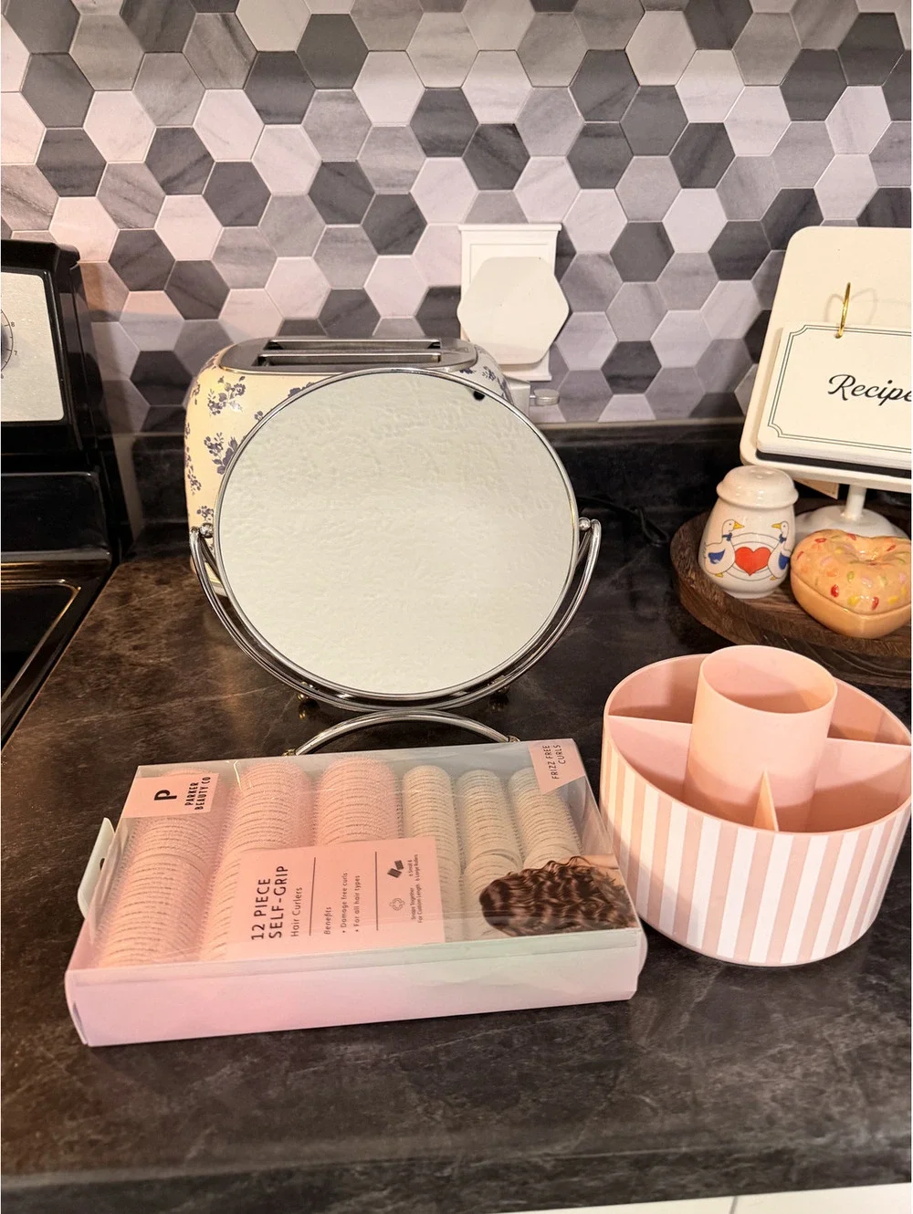 3 piece set  12 Piece Curlers Set with Pink Storage Container and Round Mirror